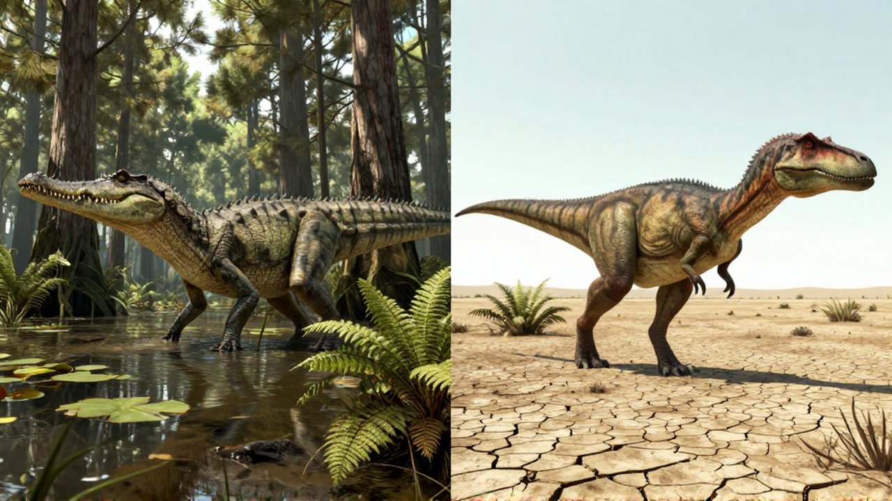Comparación morfológica dividida entre un Spinosaurus en un pantano sombrío y un terópodo en un terreno árido.