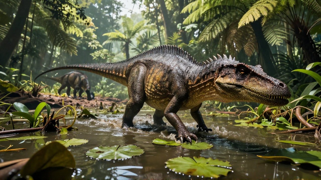 Un Spinosaurus de escamas húmedas camina por un pantano tropical entre vegetación acuática densa.