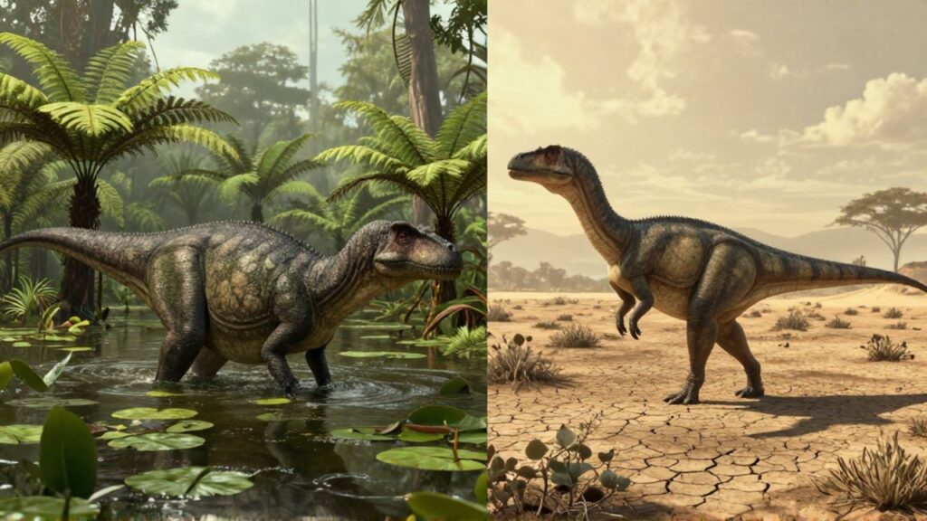 Comparativa de dos dinosaurios en hábitats opuestos: uno en un pantano húmedo y otro en llanuras áridas.