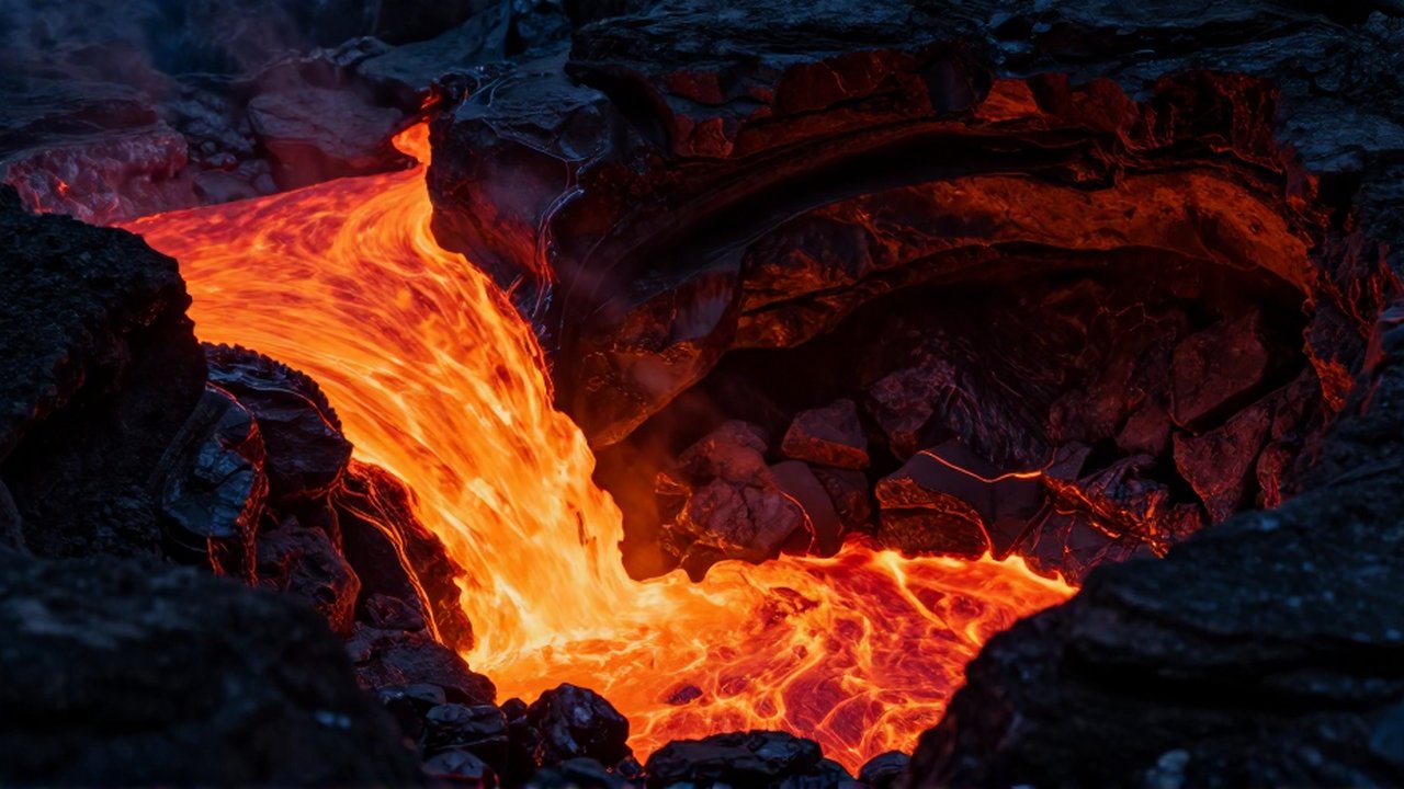 Corte transversal de magma incandescente fluyendo a través de grietas rocosas en una cámara volcánica subterránea.