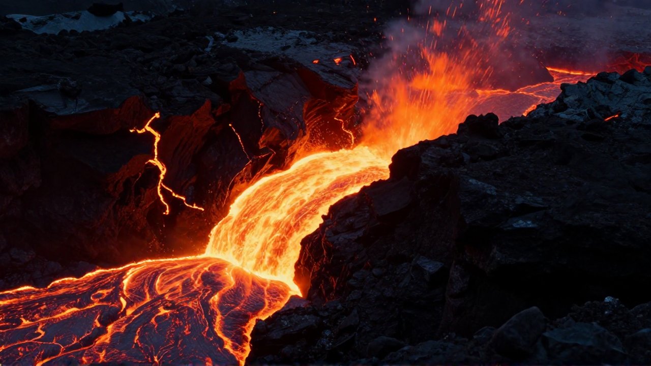 Vista transversal de magma viscoso fluyendo bajo tierra y una erupción de lava en la superficie volcánica.