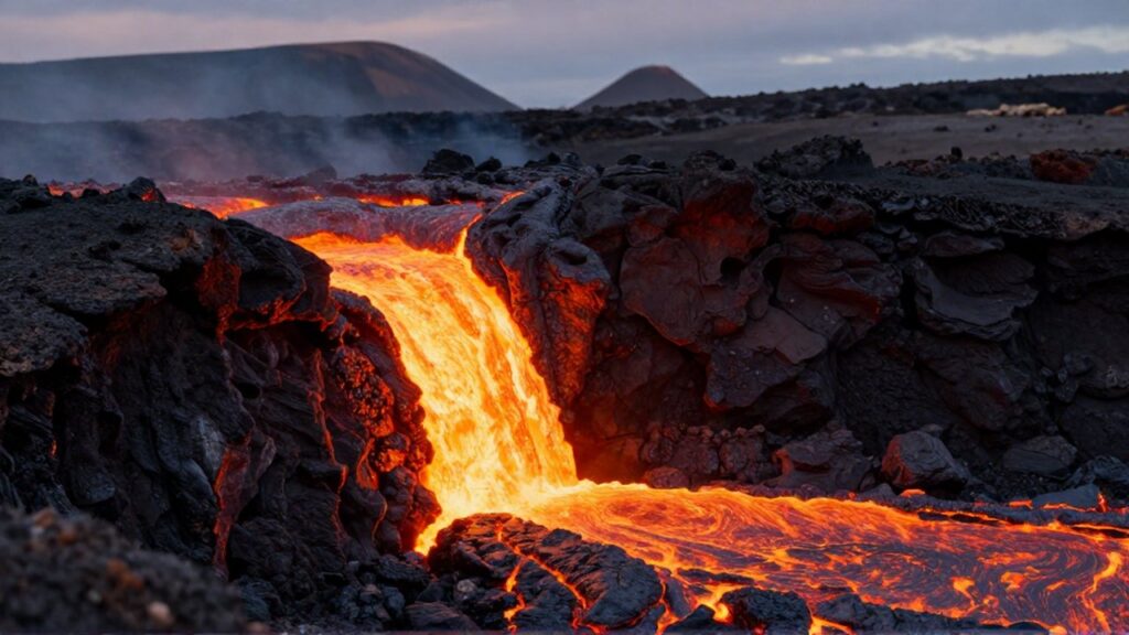 Corte geológico que muestra magma incandescente bajo la tierra fluyendo hacia una superficie de lava volcánica.