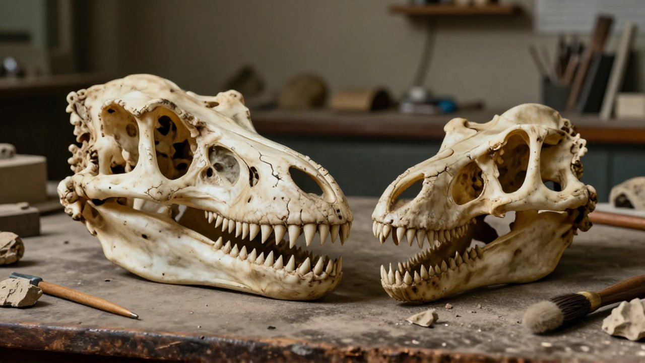 Comparación detallada de los cráneos fósiles de un Allosaurus y un Stegosaurus sobre un banco de trabajo.