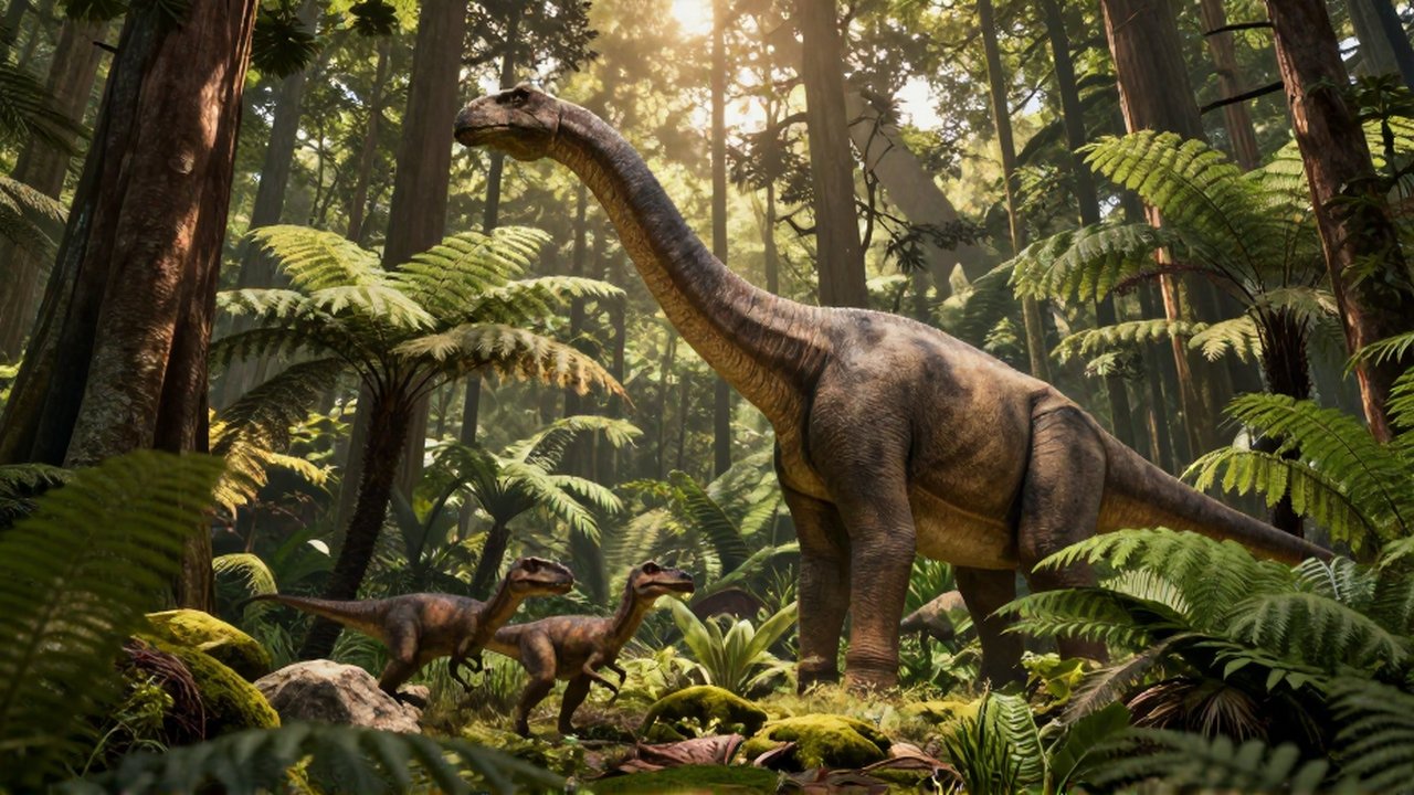 Un enorme Brachiosaurus pasta en la copa de un bosque prehistórico mientras depredadores acechan entre la vegetación.