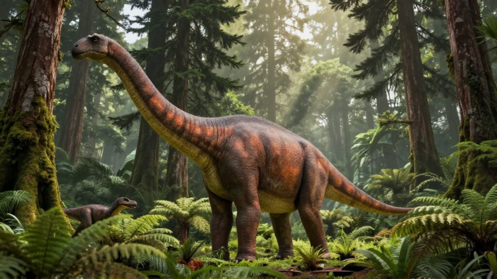 Un Brachiosaurus pasta en la copa de árboles gigantes mientras un Allosaurus acecha al fondo.