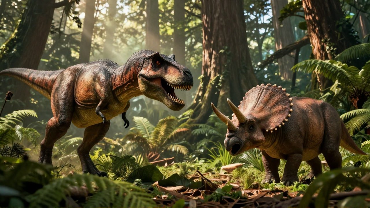 Composición dividida que muestra a un Tiranosaurio Rex acechando frente a un Triceratops alerta en una selva prehistórica.