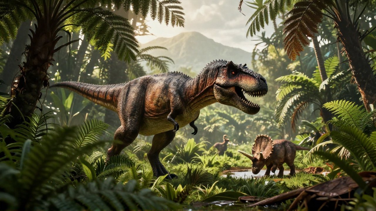 Un tiranosaurio rex acecha entre la densa vegetación de una selva prehistórica hacia un triceratops distante.