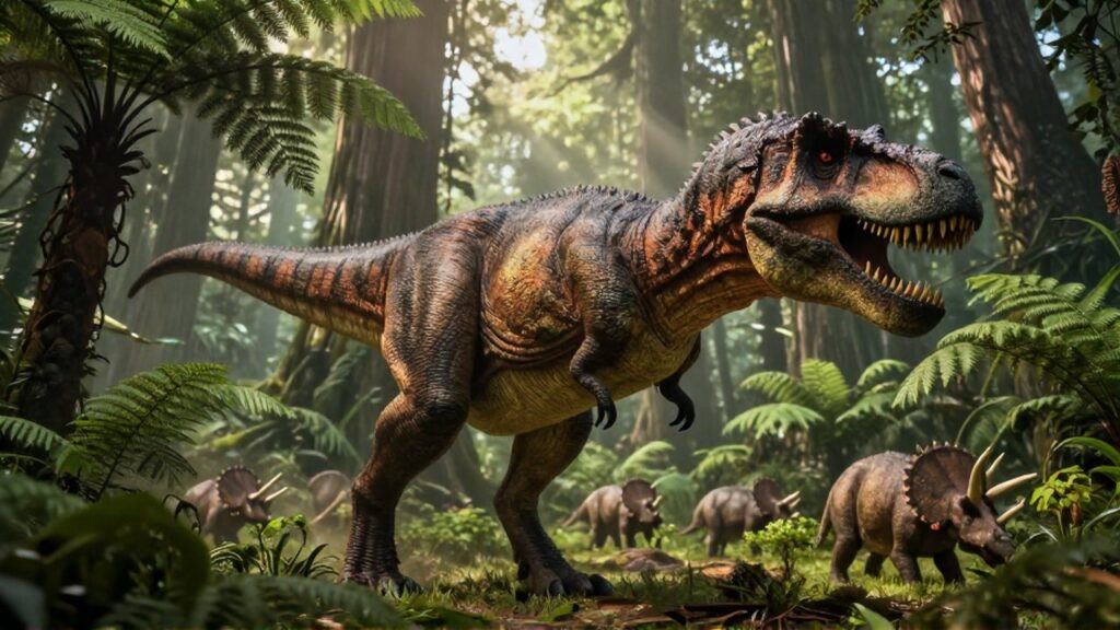 Un Tiranosaurio rex acecha entre helechos mientras unos Triceratops pastan al fondo en una selva prehistórica.