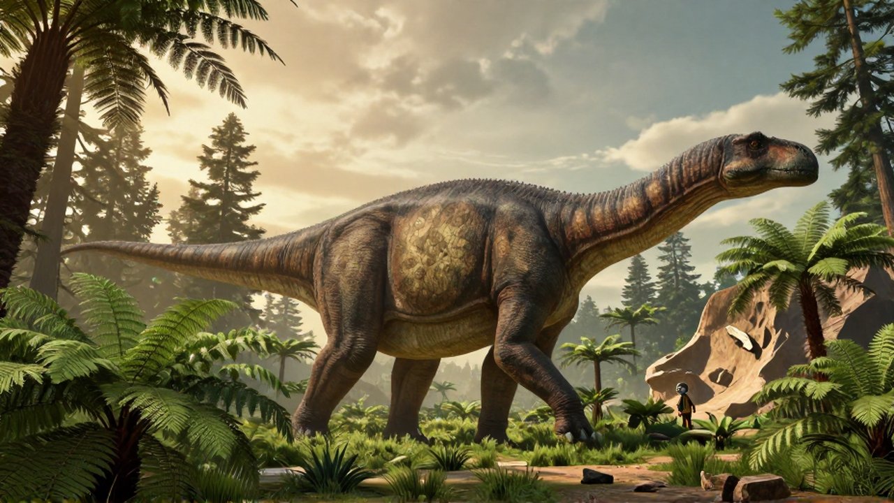 Un gigantesco Argentinosaurus camina por una llanura prehistórica junto a un pequeño paleontólogo.