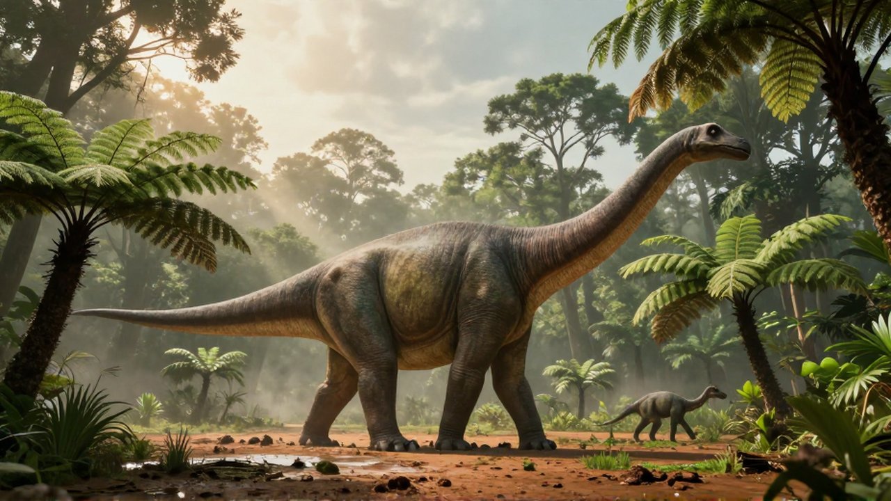 Un gigantesco Argentinosaurus camina por un valle prehistórico rodeado de una densa vegetación tropical.