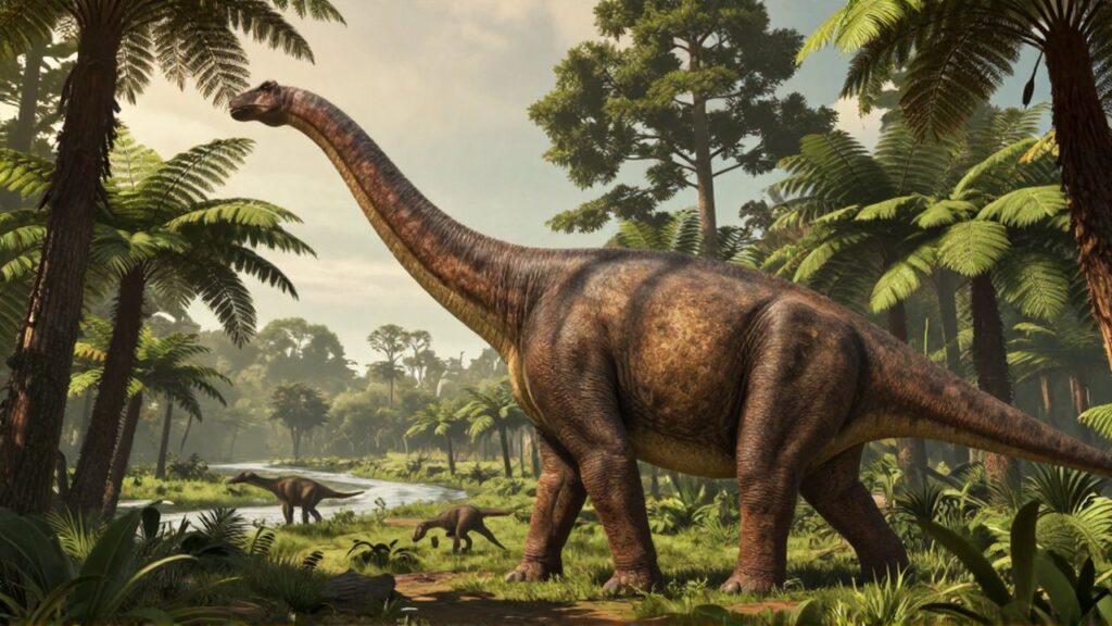 Un enorme Argentinosaurus camina por una llanura inundada rodeada de vegetación prehistórica bajo la luz solar.
