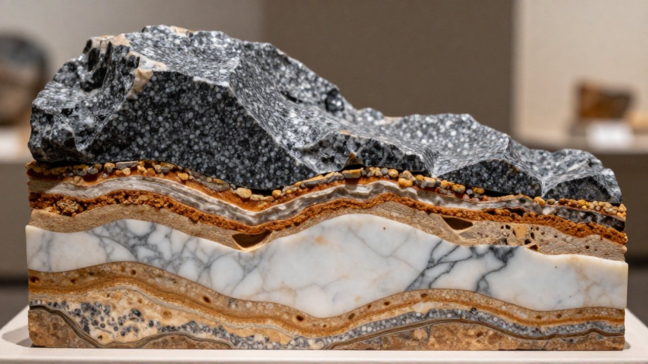 Sección geológica detallada que muestra las texturas de granito, arenisca estratificada y mármol en un entorno educativo.