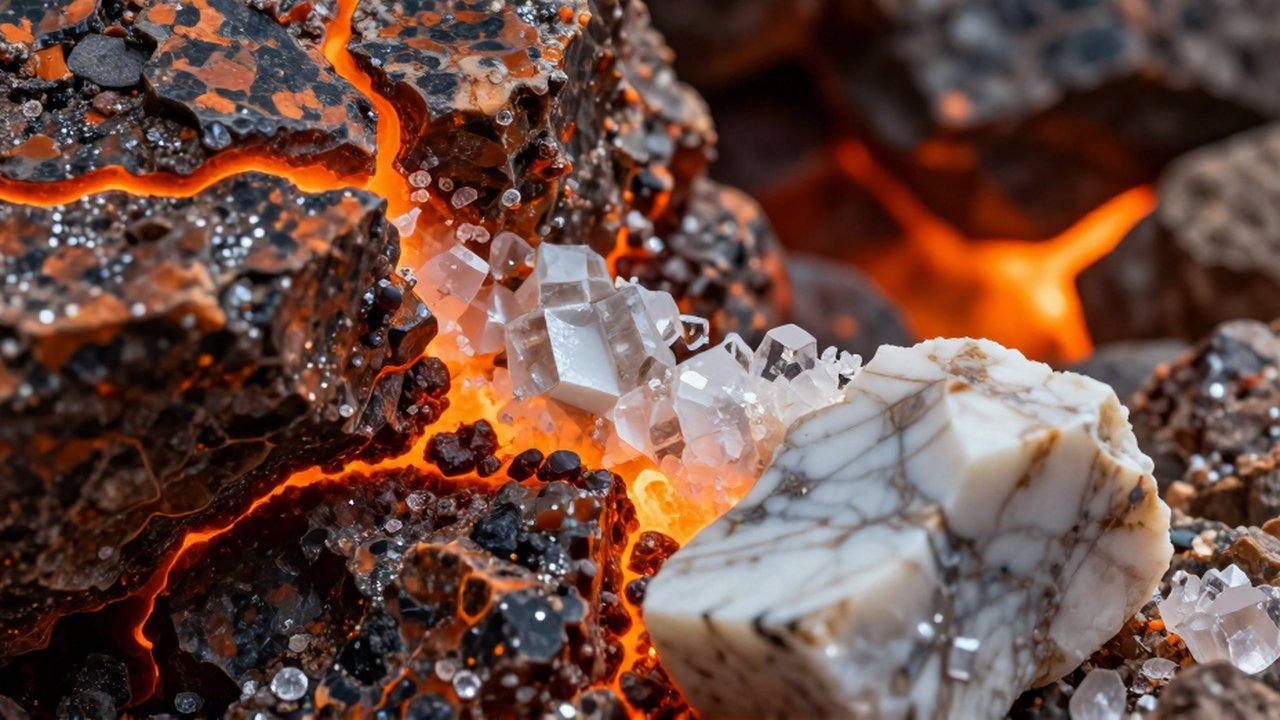 Primer plano macro de cristales de mica y cuarzo transformándose en una roca metamórfica bajo calor volcánico.