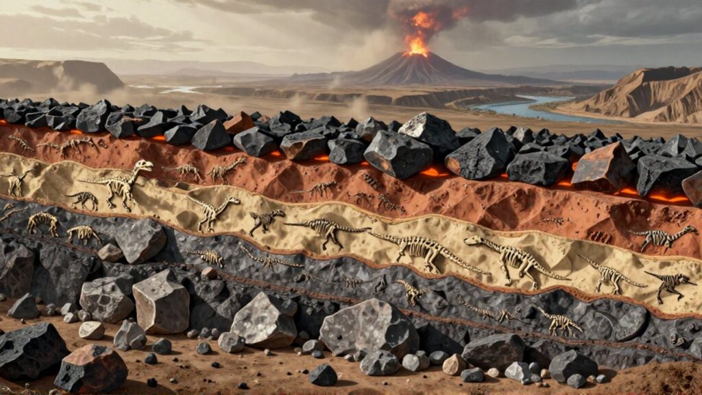 Corte de sección geológica que ilustra el ciclo de las rocas entre magma