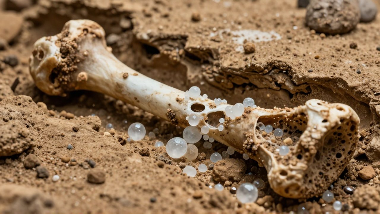 Primer plano de un fragmento de fémur fosilizado con cristales minerales creciendo en sus poros.