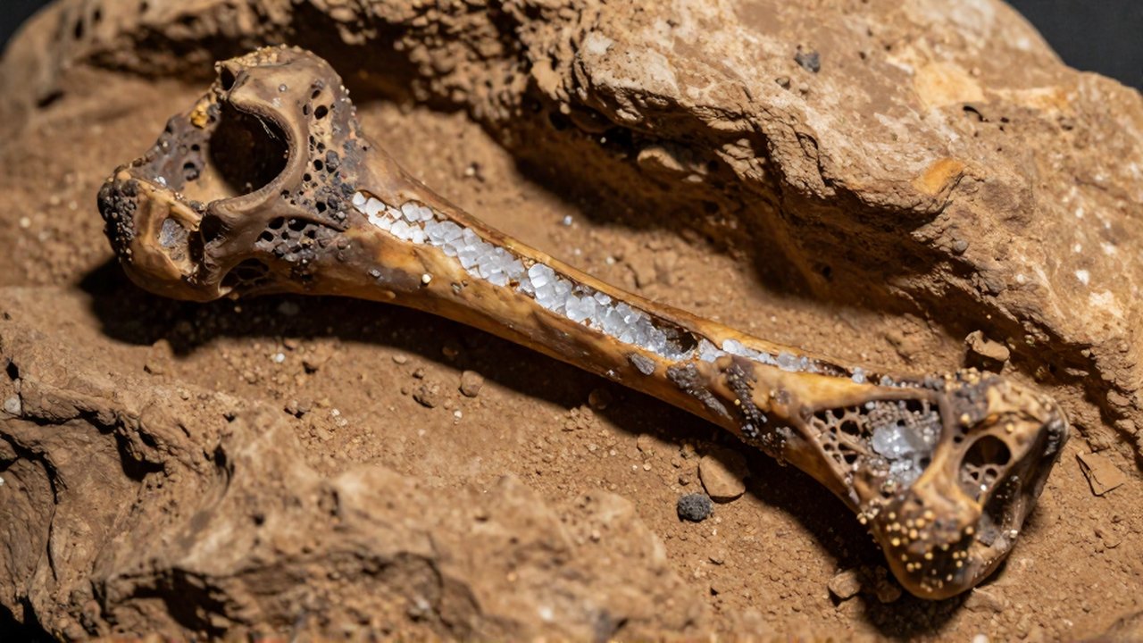 Primer plano de un fémur de dinosaurio fosilizado con incrustaciones de minerales brillantes sobre roca sedimentaria.