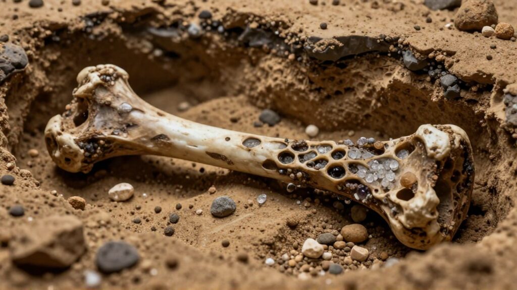 Primer plano microscópico de un fémur de dinosaurio mineralizándose entre sedimentos de arenisca.