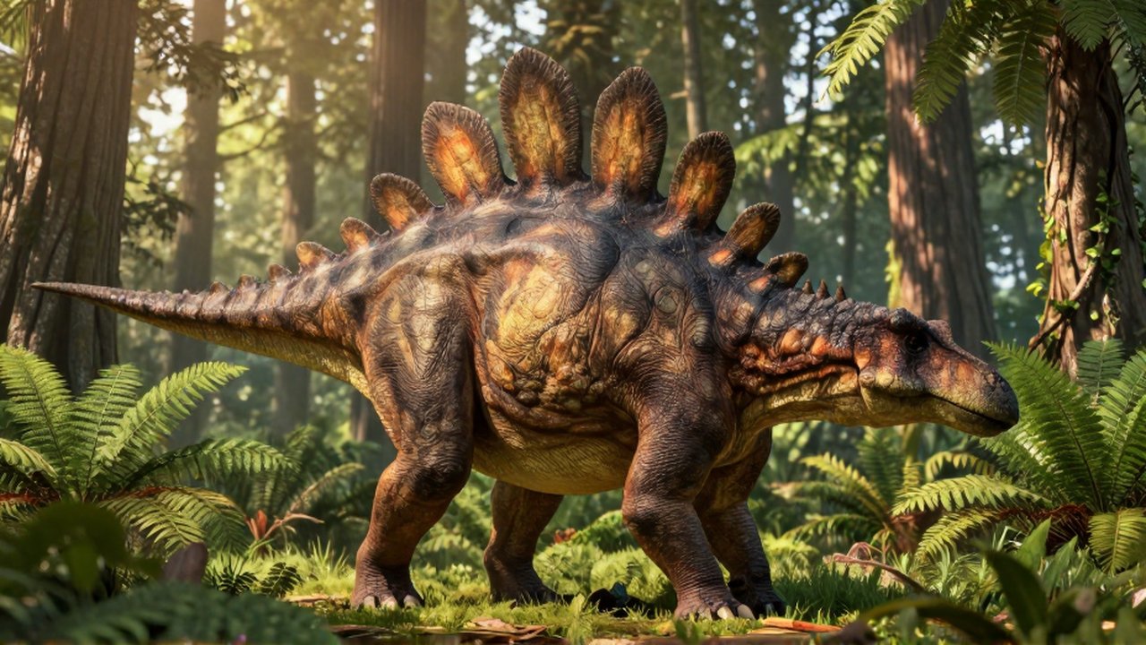 Un Stegosaurus con placas dorsales texturizadas camina por un denso bosque prehistórico iluminado por el sol.