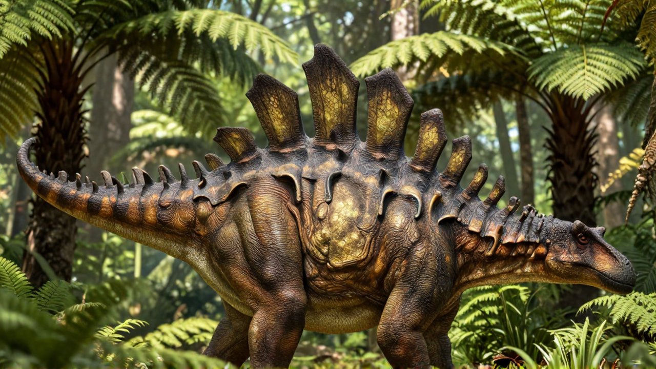 Perfil de un estegosaurio con placas dorsales y púas en la cola entre helechos prehistóricos.