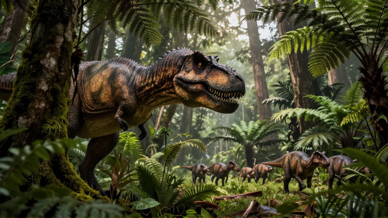 Un Tiranosaurio rex acecha entre helechos y vegetación densa en una selva neblinosa.