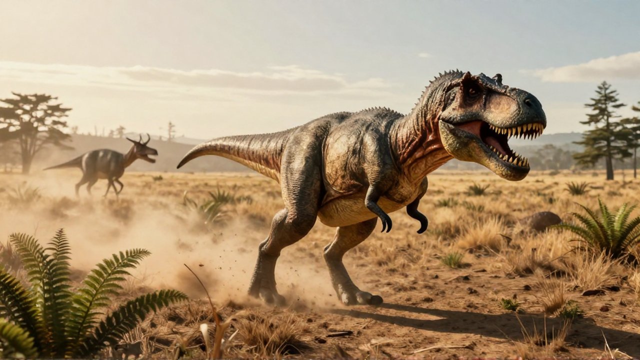 Un Tiranosaurio rex corre velozmente por una llanura polvorienta persiguiendo a un Edmontosaurus.