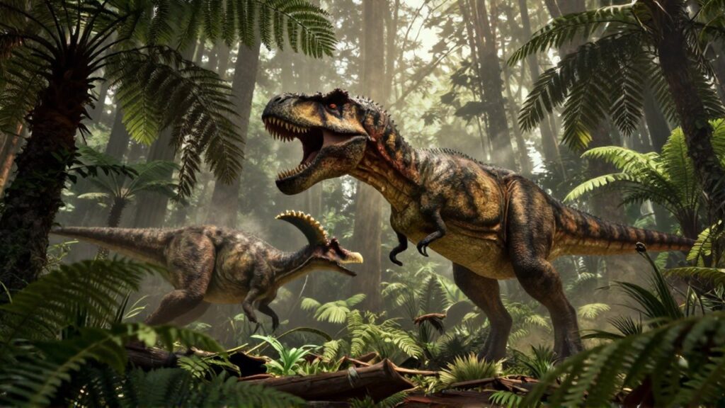 Un enorme tiranosaurio rex persigue a un edmontosaurio entre helechos y árboles de una selva prehistórica.