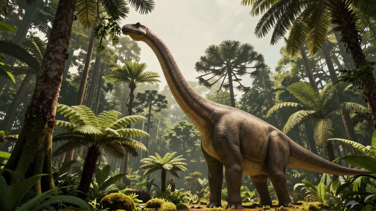 Un enorme Brachiosaurus estira su cuello para alimentarse de la vegetación en un denso bosque prehistórico.