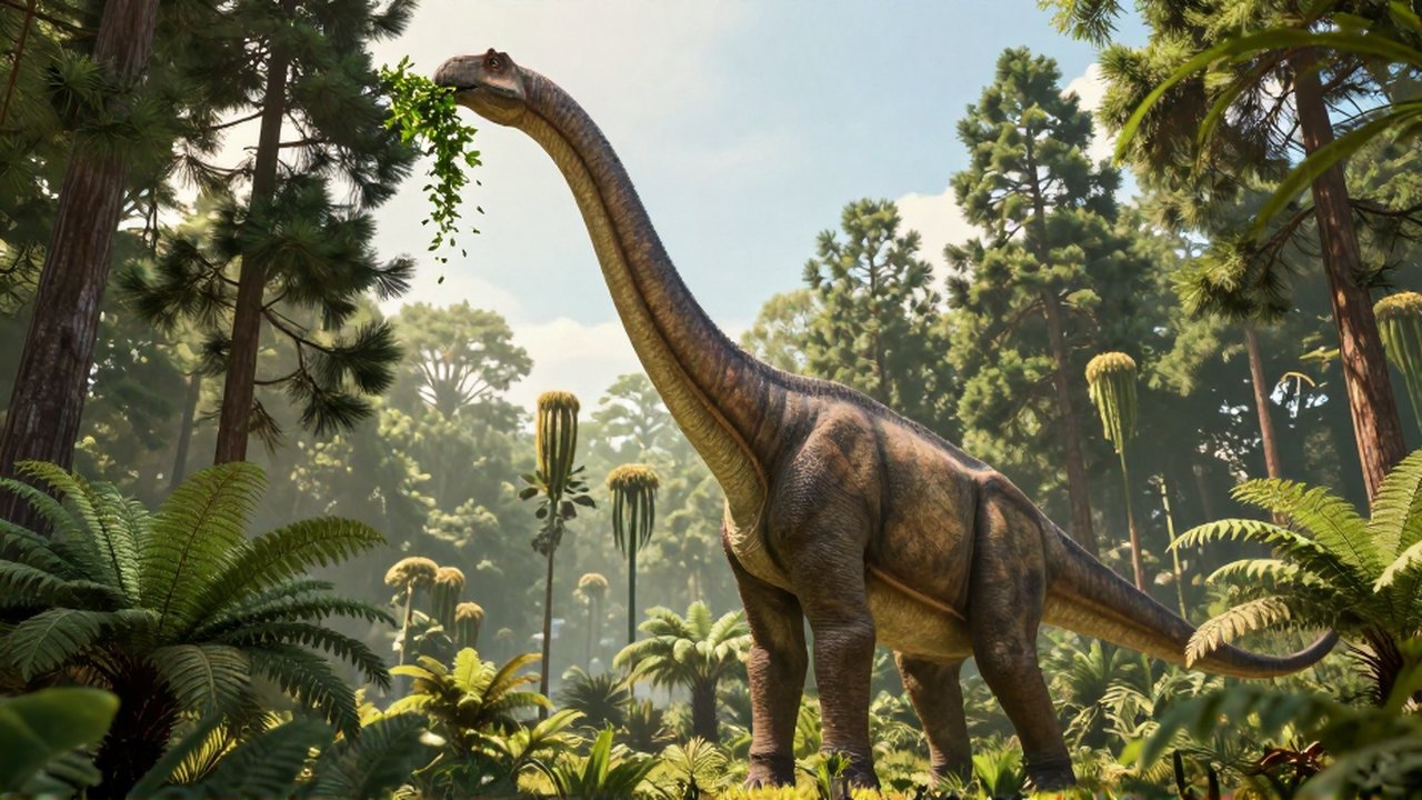 Un enorme braquiosaurio estira su cuello para comer hojas de un árbol en una selva prehistórica.