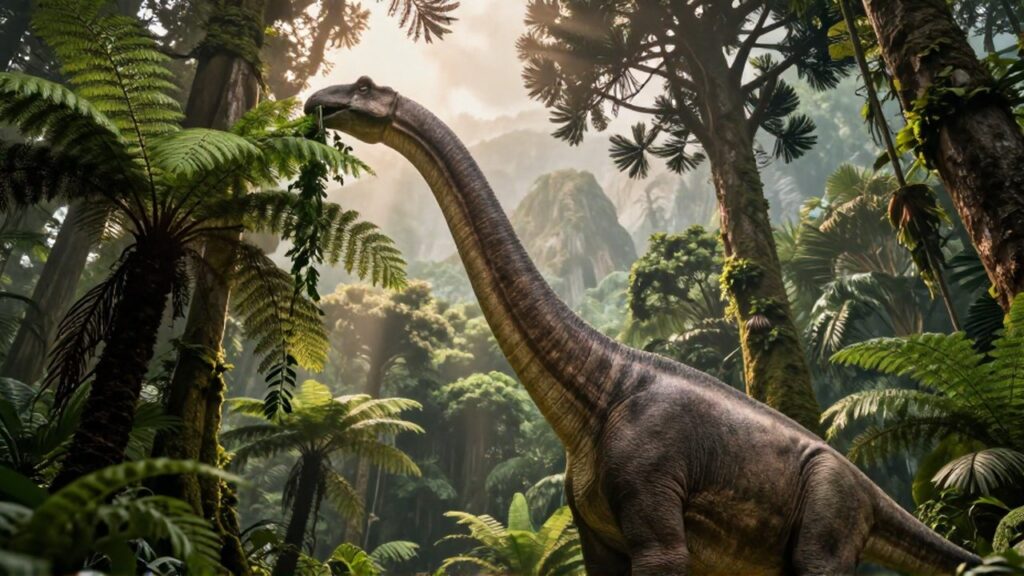 Un gigantesco braquiosaurio de cuello largo se alimenta del follaje en un denso bosque prehistórico.