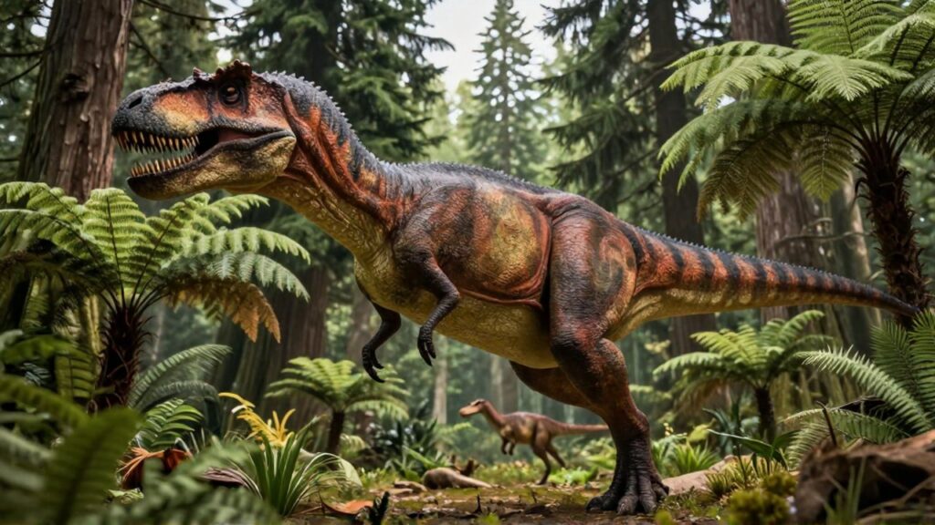 Un imponente Allosaurus acecha en un bosque de coníferas mientras un pequeño Ornitholestes se observa al fondo.