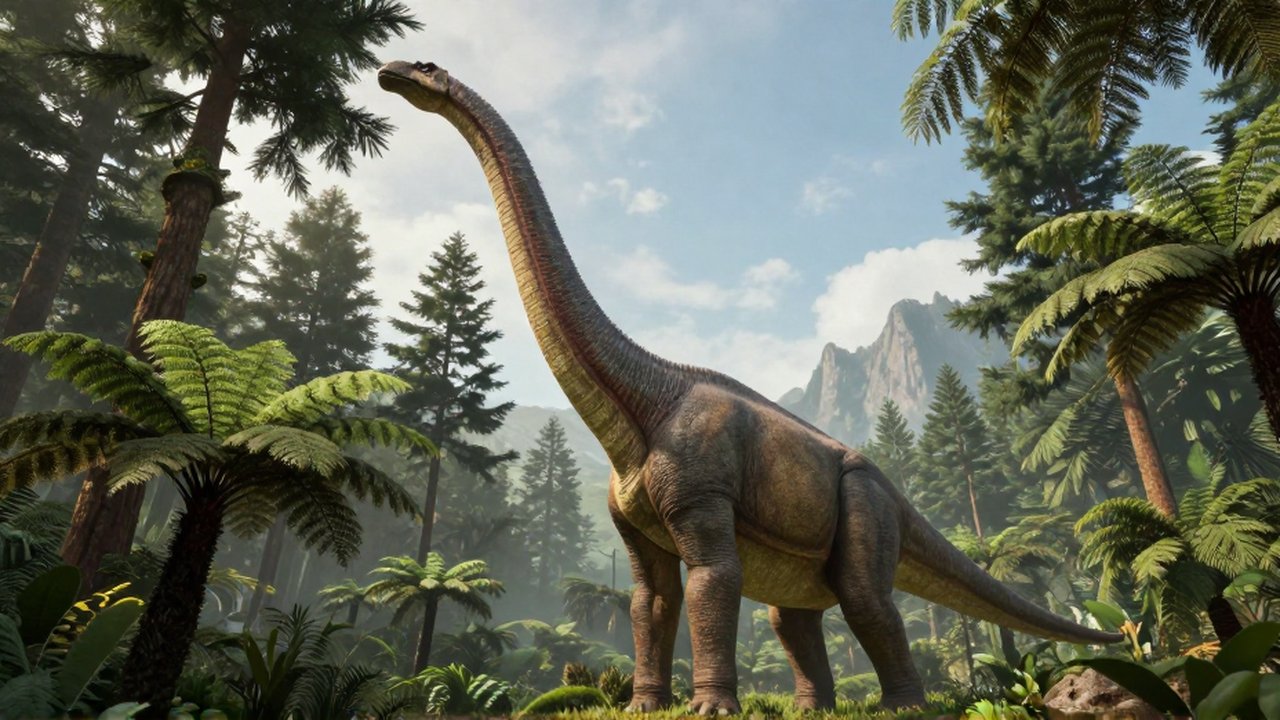 Un Brachiosaurus gigante estira su cuello para alimentarse de la copa de un árbol en un bosque prehistórico.