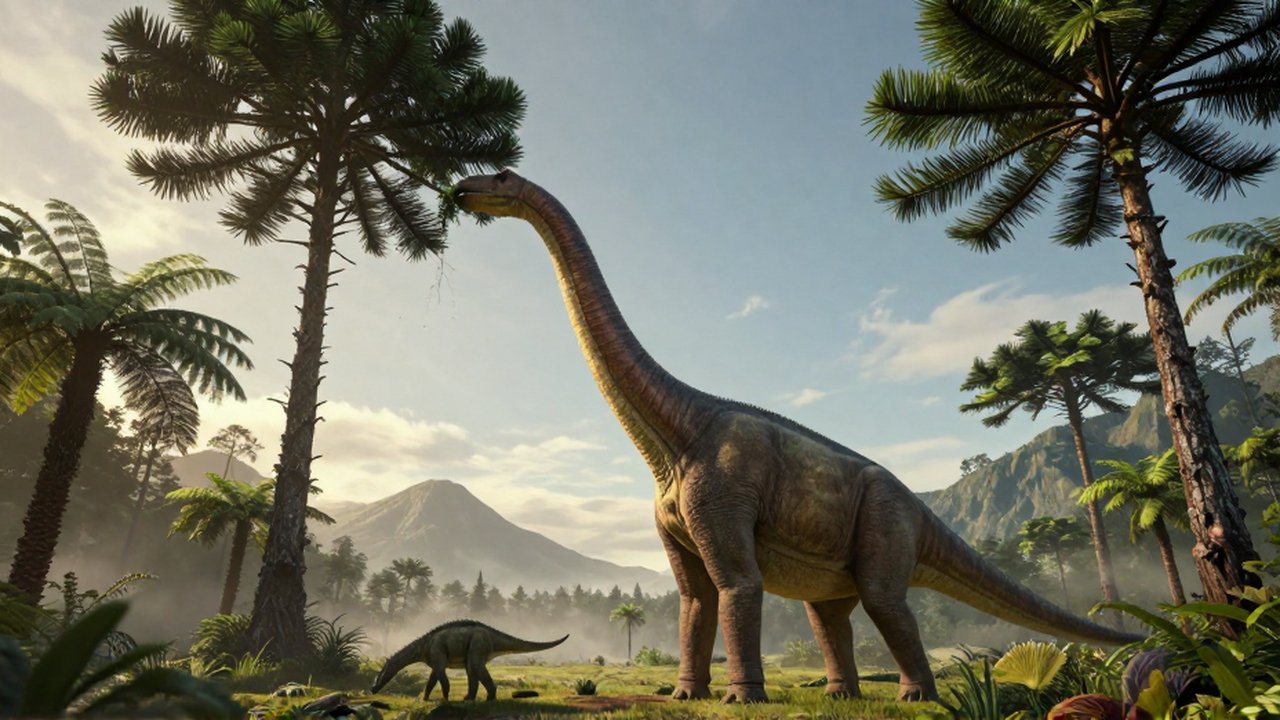 Un enorme Braquiosaurio estira su cuello para comer hojas de un árbol en un bosque prehistórico.