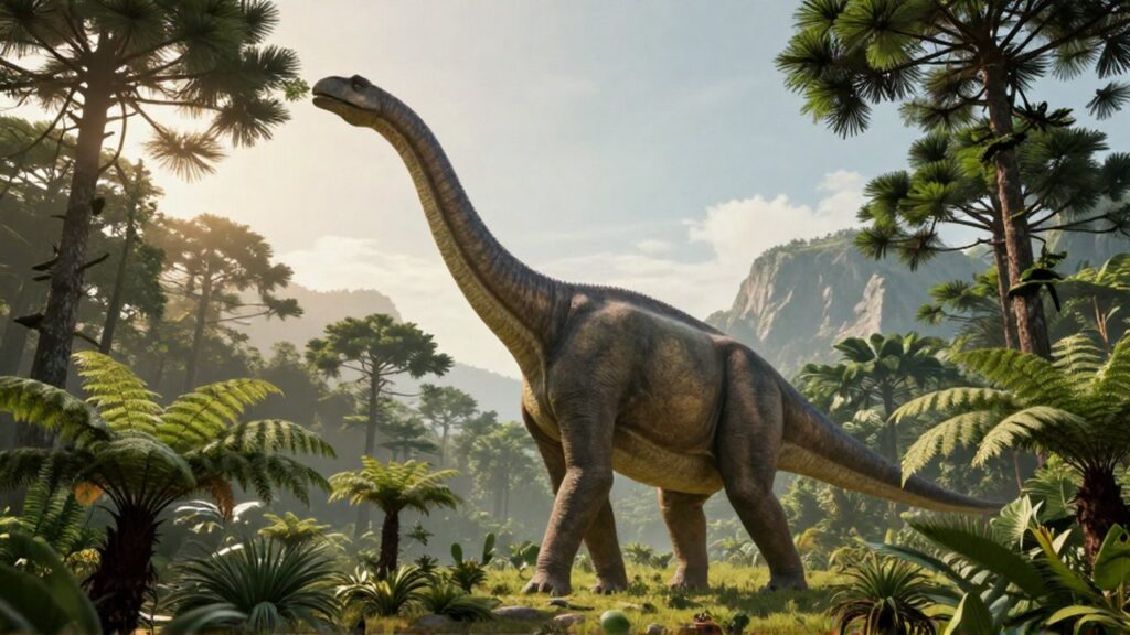 Un enorme braquiosaurio estira su cuello para alimentarse de la copa de árboles gigantes en una selva prehistórica.