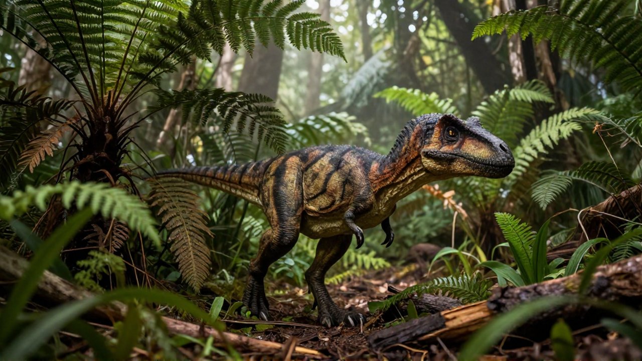 Un velociraptor con plumas acecha cautelosamente entre helechos densos en un bosque prehistórico brumoso.
