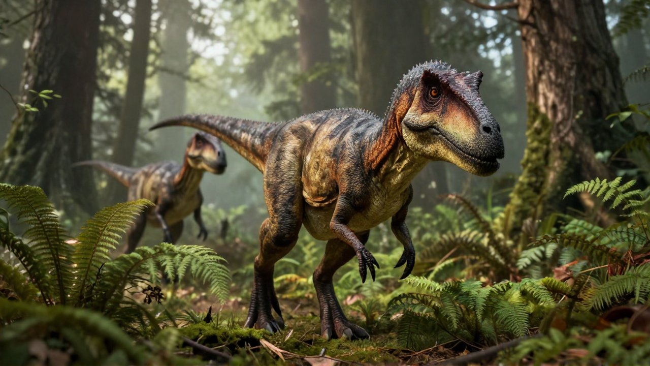 Un Velociraptor con plumas avanza sigilosamente por un bosque denso y neblinoso junto a otro dinosaurio.