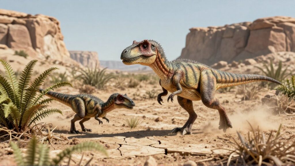 Un grupo de velociraptores con plumas acecha a un dinosaurio herbívoro en un paisaje árido.