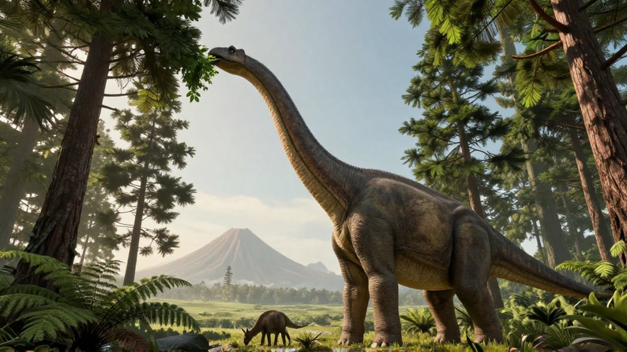 Un gigantesco braquiosaurio pasta de las copas de árboles coníferos en un paisaje prehistórico.