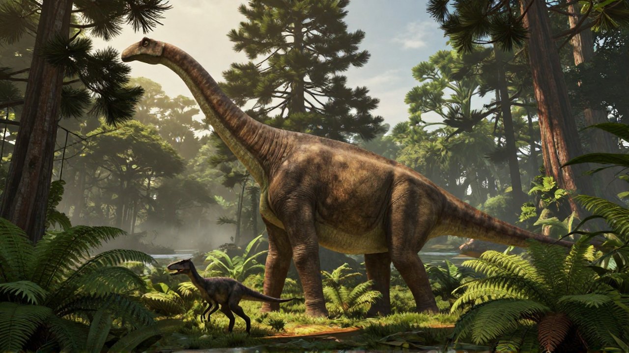 Un gigantesco Brachiosaurus pasta en las copas de árboles mientras un Deinonychus acecha entre helechos.