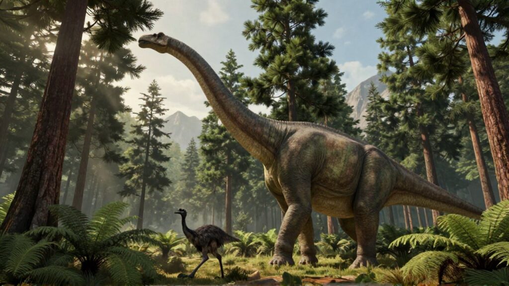 Un Brachiosaurus gigante pasta en la copa de árboles en un exuberante bosque prehistórico.