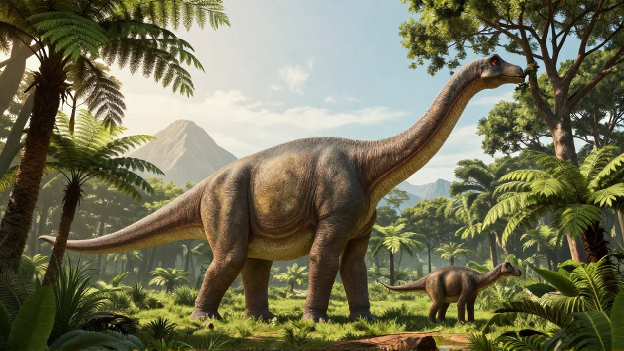 Un Brachiosaurus adulto y uno joven se alimentan de ramas en un denso bosque prehistórico.