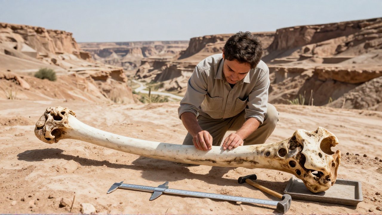 Paleontólogo mide un fémur de Tyrannosaurus rex junto a un espécimen adulto en un yacimiento rocoso.