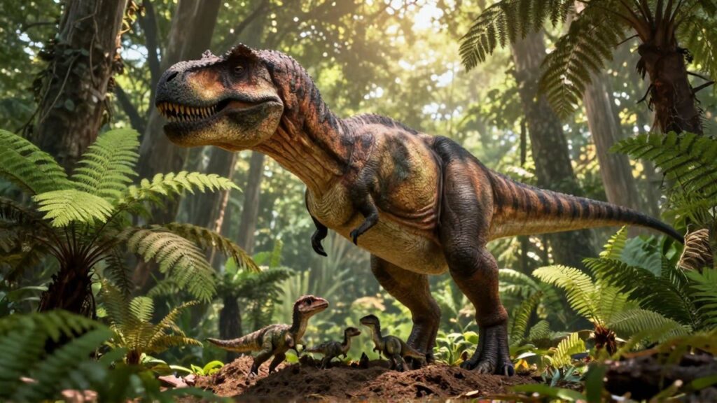 Un imponente Tyrannosaurus rex protege a sus crías recién nacidas en un nido rodeado de helechos.