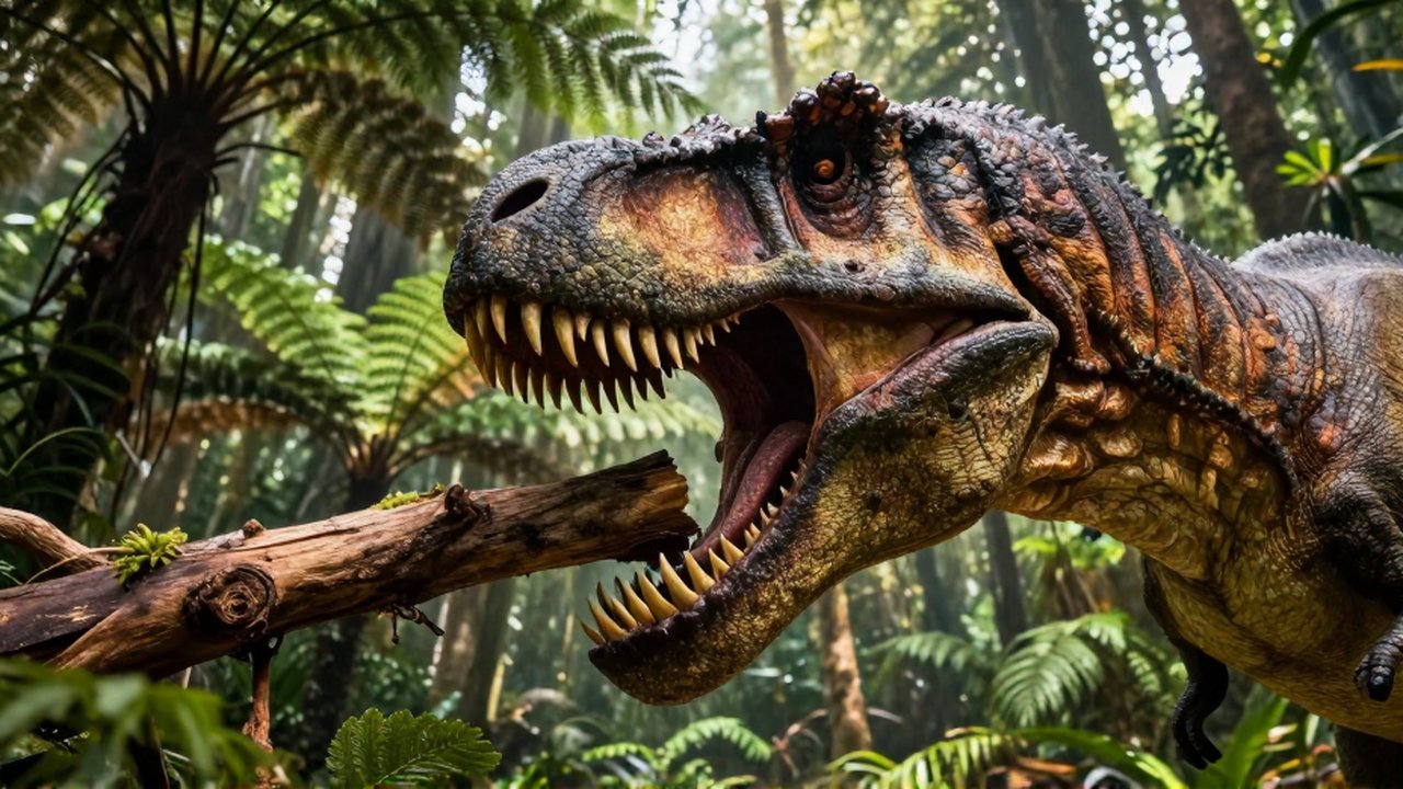 Perfil de un tiranosaurio rex rompiendo una rama en una densa selva prehistórica.