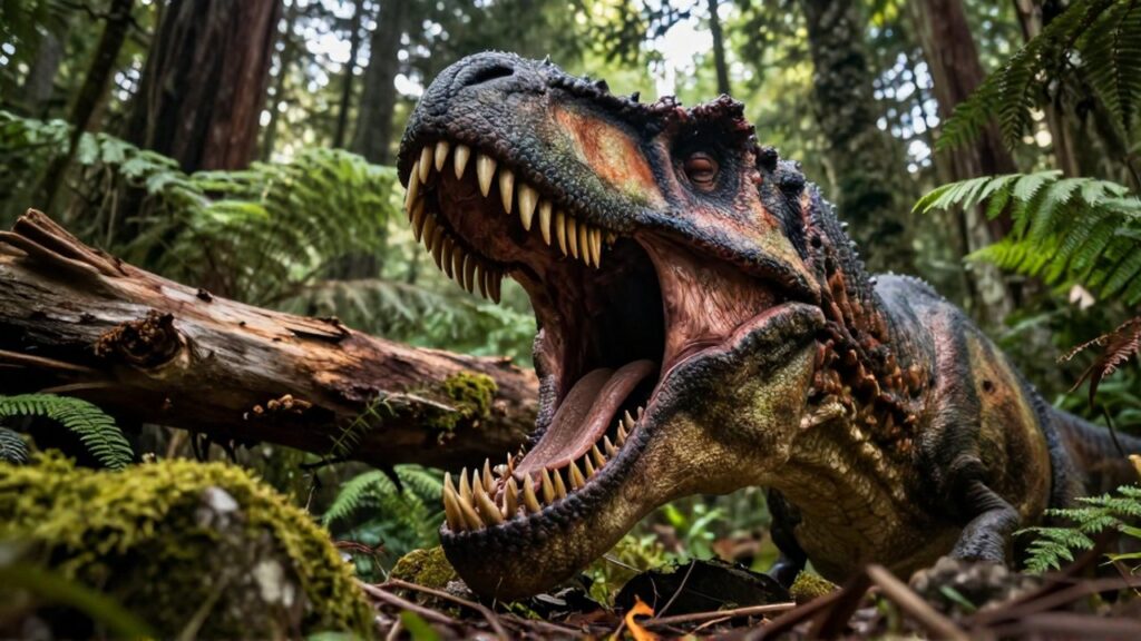 Mandíbula detallada de un tiranosaurio rex triturando un tronco en un denso bosque prehistórico.