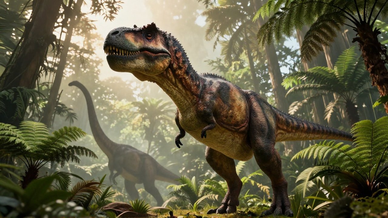 Un imponente Tyrannosaurus rex camina por una selva prehistórica mientras un Brachiosaurus se observa al fondo.
