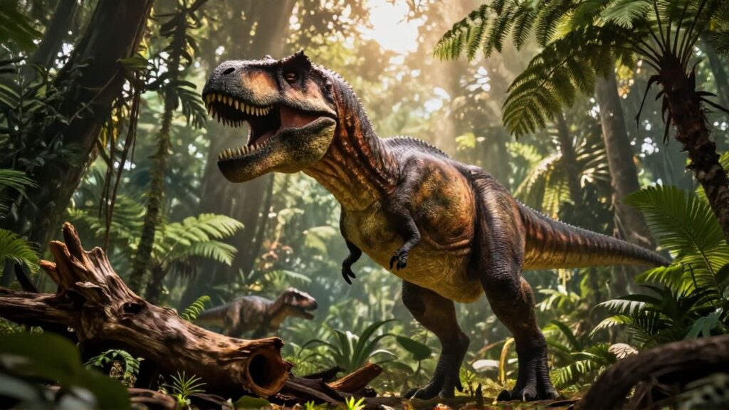 Un enorme Tiranosaurio Rex camina por una selva prehistórica con luz filtrándose entre los árboles.
