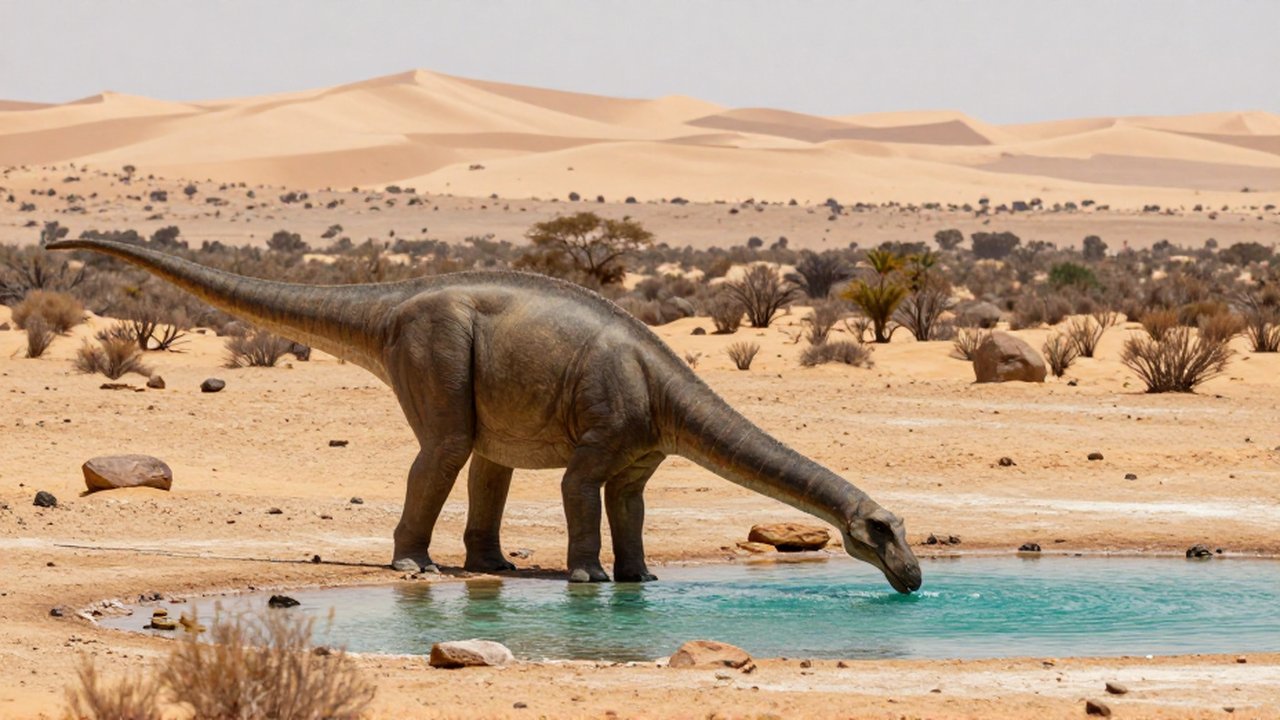 Un enorme Brachiosaurus bebe de un oasis turquesa en medio de un desierto árido.
