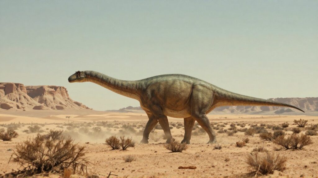 Un dinosaurio de cuello largo pasta entre arbustos secos en un vasto desierto de dunas.